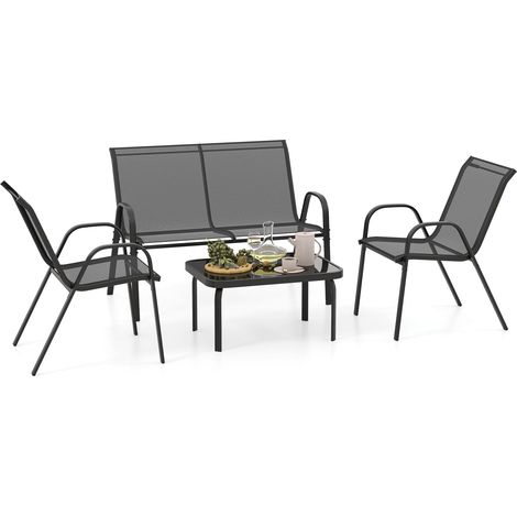 COSTWAY Set Tavolo e Poltrona da Giardino, Set di Mobili 4 Pezzi per Esterno, con Tavolino in Vetro Temperato, Panca e 2 Poltrone, per Giardino Balcone Piscina (Grigio) (1/5)