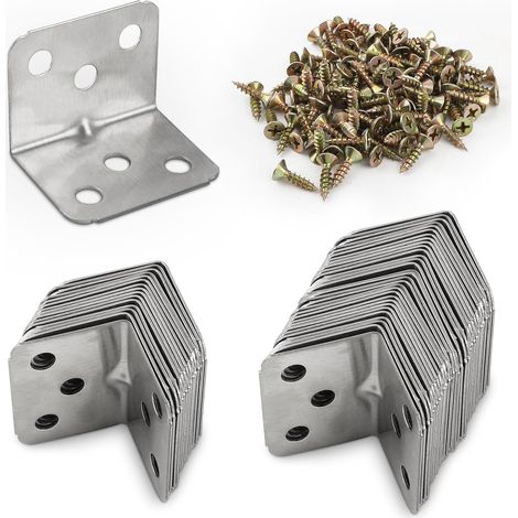 Lot de 50 Raccords d'Angle en Acier Inoxydable -Équerre de Meuble à 90°- Équerre de Fixation Angle Droit avec Vis- Fixation Métallique en L pour Étagère en Bois - 36 x 27mm (1/5)