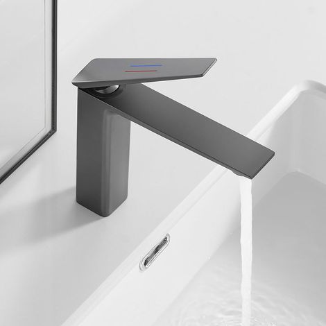 Robinet de salle de bains, robinet de lavabo à poignée unique et à un trou, bec extra-long, adapté aux lavabos et éviers de salle de bains, gris (1/5)