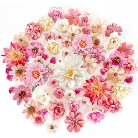 60 Stück Kunstblumen zum Basteln Rosa Weiß, 18 Sorten, 2-8cm, Seidenblumen Deko für DIY (1/5)