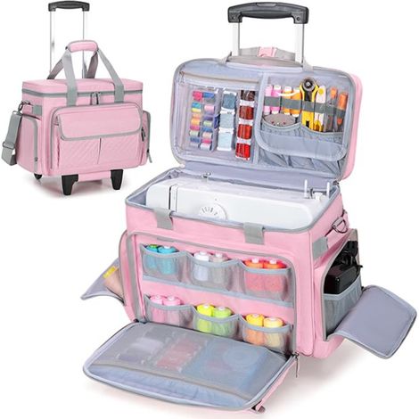 Sac Trolley Machine à Coudre Polyester Rose 41 x 20 x 33 cm – Valise Couture / Mercerie 20-30L avec Roulettes, Poignée Télescopique, Poches Bobines et Filet, Organiseur Accessoires pour Mini Machine D (1/4)