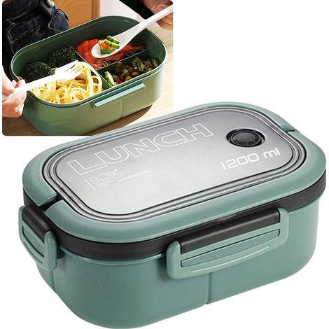 1200 ml doppelwandige, isolierte Bento-Lunchbox mit Gabel und Löffel, grün, ideal für Schüler und Büroangestellte. (1/5)