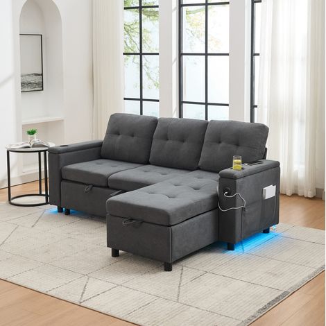 Divano letto angolare L a 3 posti pieghevole con vano nascosto e LED, grigio (1/5)