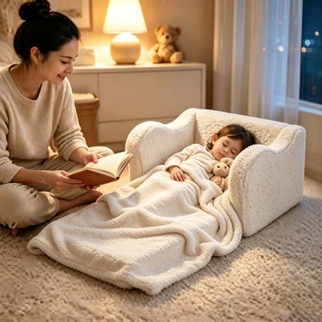 Canapé fauteuil enfant 2 en 1 convertible avec mousse confortable et revêtement sherpa doux, siège de jeu pour enfants, beige (1/5)