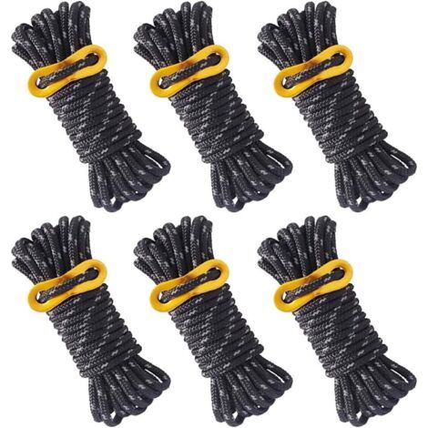6 Pièces Corde de Tente Réfléchissante Corde Tente Camping 4 m X 5 mm Corde de Tente Noire avec Tendeur Réglable pour Les Tentes d'auvent de Camping en Plein Air