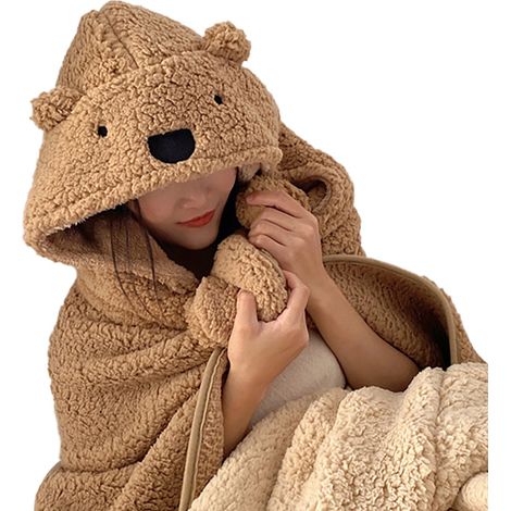 Couverture Polaire à Capuche avec Cape, Épaisse et Douce, Portable et Chaude pour Enfants et Adultes, Marron, 120x123 cm (1/5)