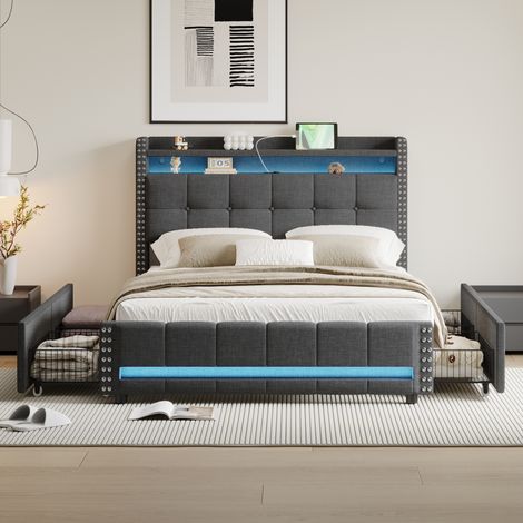 Polsterbett 140200 cm mit LED-Beleuchtung und USB-Anschluss, Kopfteil mit Regalen und Stauraum mit 4 Schubladen, Doppelbett für Erwachsene, grauer Leinenstoff (1/5)