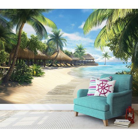 Fototapete Paradies Strand Palmen Meer 3D-Optik, für Wohnzimmer und Schlafzimmer, 200 x 140 cm – Komplettset inkl. Kleister & Anleitung (1/5)