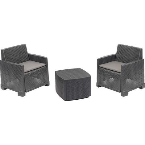 TrAdE Shop Traesio - Set Salotto Esterno Con 2 Poltrone Tavolino Contenitore Effetto Rattan Cuscini Giardino - Antracite