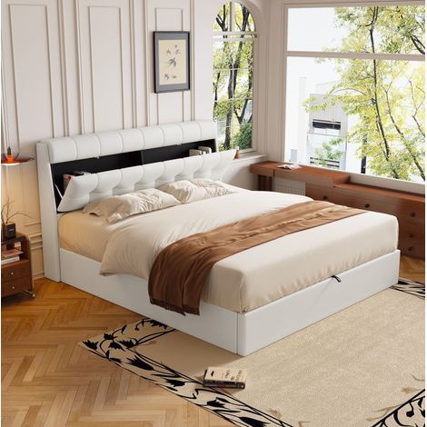 Bett Doppelbett Stauraum 140x200 hydraulisch PU Weiß OKMYHOME (1/5)