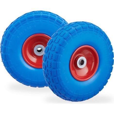 Relaxdays 2x Sackkarrenrad, pannensichere Vollgummireifen, 4.1/3.5-4", 16 mm Achse, bis 150 kg, 260x85 mm, blau-rot