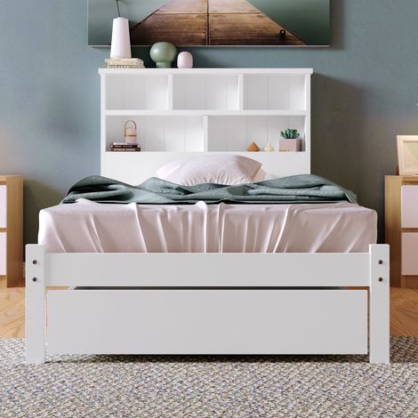 Lit en bois massif 90x200cm blanc avec tiroirs et sommier, lit enfant et adulte avec étagère bibliothèque, meuble rangement pour chambre (1/5)