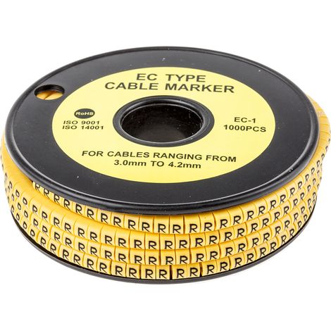 Repère câble , Ø câble 3  4.2mm, texte : R, Noir sur Jaune ( Prix pour Bobine de 1000 )