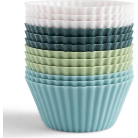 Paquete de 12 moldes de silicona reutilizables para hornear - Moldes para muffins - Moldes - Capazos para muffins y cupcakes - Moldes para hornear sin BPA - Tamaño estándar - Blanco, azul y verde (1/4)