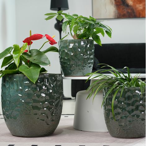 Lot de 4 pots de fleurs Ø38/30/22,5/18 cm en céramique vert foncé, moderne, avec drainage FloraGrace (1/5)