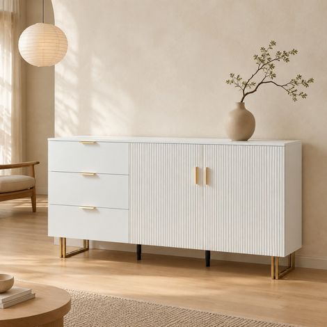 Weiße MDF-Kommode mit 2 Türen und 3 Schubladen, 160 x 40 x 81,5 cm, mit Stahlbeinen HAVRYA (1/5)