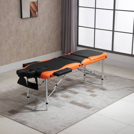 Camilla de masaje plegable con altura regulable, camilla de masaje profesional de aluminio y plástico, 215x81x61-84 cm, negro y naranja. (1/5)