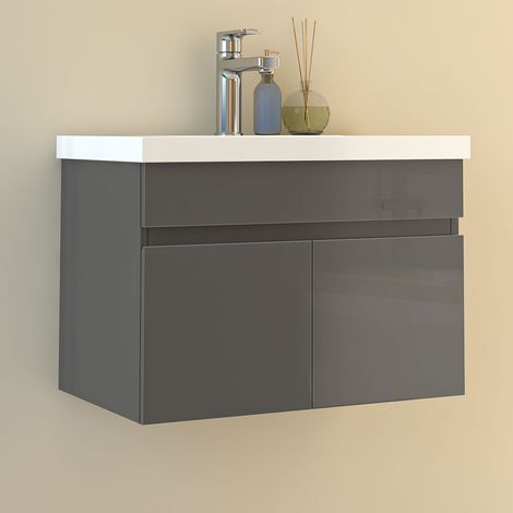 Waschtisch mit Unterschrank Soft-Close 60cm Badmöbel Set mit Waschbecken Mineralguss Gäste WC Hochglänzend Anthrazit (1/5)