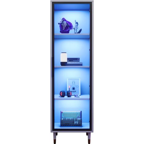 Vitrine LED blanche hauteur 170 cm - Autoportante avec socle, verre teinté, éclairage changeant de couleur - Bibliothèque, rangement à vin - Meuble design. (1/5)