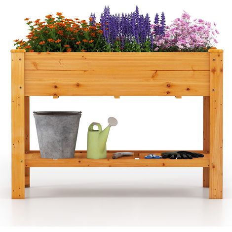 Aiuola da giardino in legno rialzata, Fioriera con gambe e ripiano contenitore per erbe Marrone