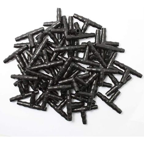 Lot de 100 raccords à embouts cannelés pour système d'irrigation goutte à goutte, raccord universel en T 4/7 mm, compatible avec les tuyaux d'arrosage goutte à goutte de 4/7 mm. (1/5)