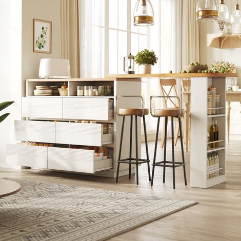 Tavolo bar allungabile 137-215x39x102,3 cm con 6 cassetti, ruote bloccabili, vano portaoggetti laterale, MDF bianco (1/5)