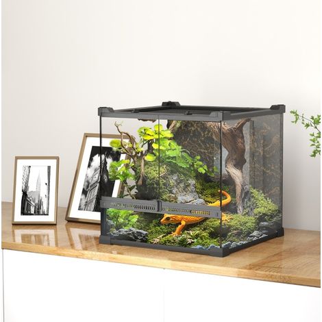 Terrario de vidrio templado 30x30x30 cm negro, fondo estanco para reptiles FloraGrace (1/5)
