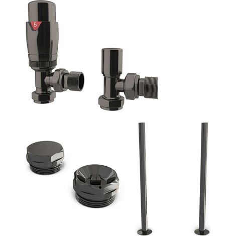 Derry Bold - Thermostatic Radiator Valve & Installation Kit - Black Nickel Angled 15mm