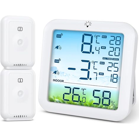 Thermometer digital without wire for refrigerator freezer with 2 sensors, alarm, cumulative max/min, range of 100 m, thermometer digital powered by USB/batteries for kitchen (1/5)