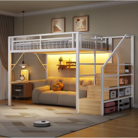 Letto a soppalco 140x200 cm bianco in metallo e MDF con LED e scala contenitore (1/5)