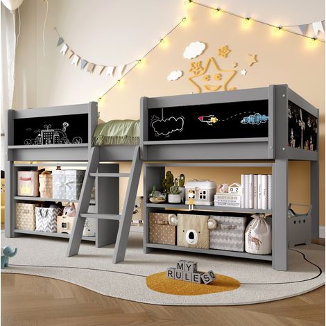 Lit mi-hauteur 90x200 avec rangements, pin gris HAVRYA (1/5)