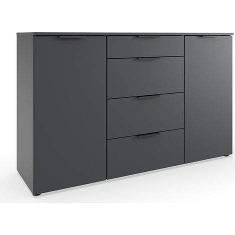 Commode, meuble de rangement avec 2 portes et 4 tiroirs coloris graphite, lamelles imitation chêne Artisan - Longueur 135 x Hauteur 84 x Profondeur 41 cm (1/2)