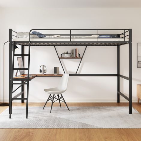 Hochbett Einzelbett mit L-Schreibtisch und Regal, Liegefläche 90 x 200 cm, ohne Matratze, Metall Schwarz