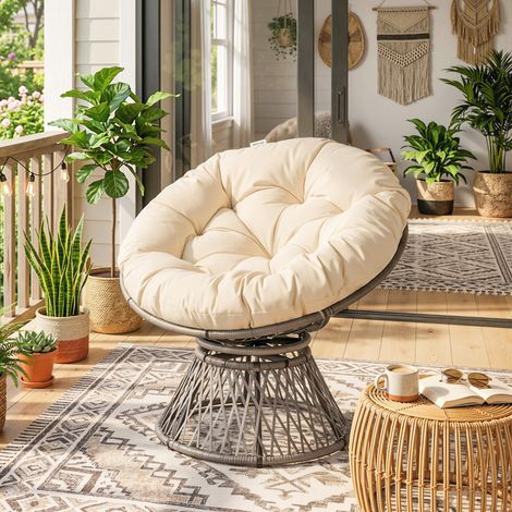 Sillón Papasan Giratorio de Ratán Sintético con Cojín Carga 160 kg para Exterior Jardín Terraza 87x97x86 cm Gris y Crema (1/5)