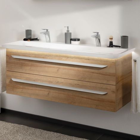 Lanzet M9 Badmöbel Set 3-teilig, 130cm breit, Hellbraun, mit LED-Beleuchtung"-"90140145