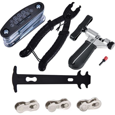 Outil pour chaîne de vélo, pied à coulisse pour chaîne de VTT, coupe-chaîne, outil de démontage de chaîne, pince à boucle magique (16 en 1 : pince, coupe-chaîne, pied à coulisse et 3 paires de boucles (1/5)