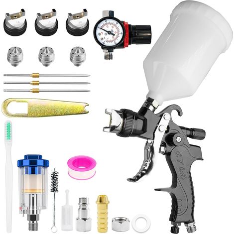 HVLP - Pistolet à Peinture - avec 3 Buses de 1,4/1,7/2,0 mm - Pistolet à Peinture à air comprimé - avec gobelet en Plastique de 600 ML - avec régulateur de Pression (1/5)