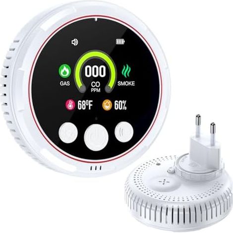 Detecteur Monoxyde Carbone 5 en 1, de Fumée et Gaz avec Grand écran Batterie Secours, Adapté pour la Maison, Cuisine, Le Camping-Car, l'appartement (Blanc, 1 Paquet) -