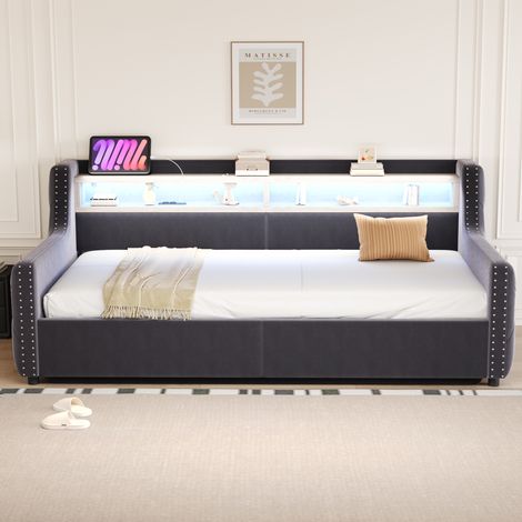 Cama canapé 90x200 cm con LED, toma USB/Type-C, gris oscuro DESVIAE (1/5)