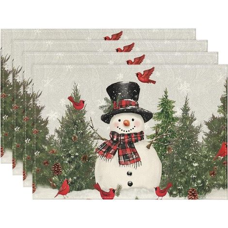 Lot de 4 sets de table de Noël, motif bonhomme de neige, oiseau, arbre, 30 x 40 cm, gris, saisonniers, festifs, pour décoration de fête, cuisine, salle à manger (1/5)