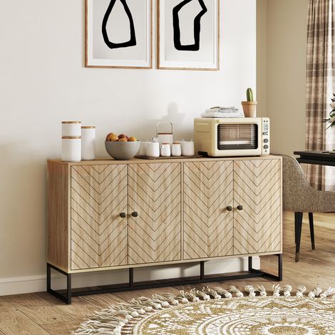 Aparador de Salón con 4 Puertas con Diseño Chevron Estantes Ajustables Patas de Acero 140,5x40x81,5 cm Roble (1/5)