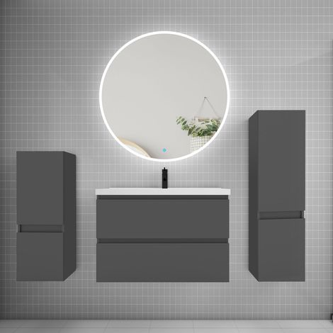 Ensemble meuble vasque L.79cm 2 tiroirs + lavabo + LED miroir rond 90cm + 2colonne,anthracite (1/5)