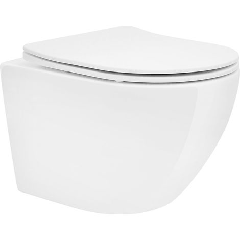 LuxeBath WC Sospeso Senza Bordo Vaso in Ceramica Bianco Corto 49 cm Risciacquo Scarico Tornado con Sedile Softclose Water Sanitari per Bagno Superficie Lucida Facile da Pulire