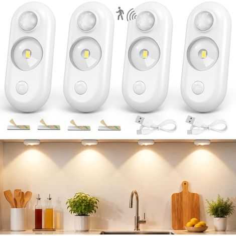 Lampe de Placard LED 4 Pièces, Détecteur de Mouvement, Rechargeable USB-C, Sans Fil Magnétique Dimmable, Lampe Sous Meuble à Coller pour Cuisine, Armoire, Dressing, Escalier, Lumière Blanc Chaud (1/5)