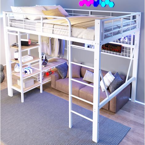 lit adulte mezzanine rangement 140x200 métal blanc OKMYHOME (1/5)