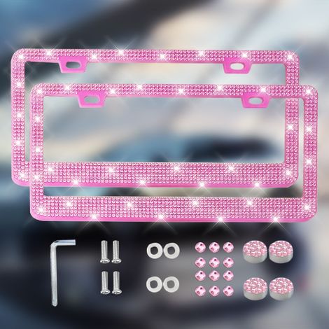 Porte-plaques d'immatriculation pour femmes, ensemble de 2 pièces, cristaux strass faits à la main, accessoires de voiture en acier inoxydable avec capuchon à paillettes diamant (rose). (1/3)