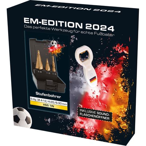 EXACT Stufenbohrer-Set "EURO2024" Ø4-12/4-20/6-30mm, Spiralnute, HSS-TiN, 3-tlg., inkl. Sound-Flaschenöffner (1/5)