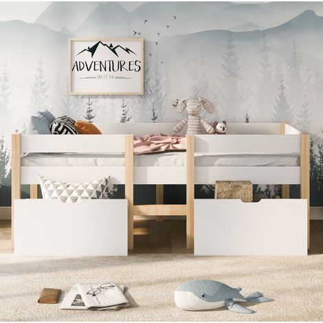 MEUBLIV Lit enfant mi hauteur en pin boisavec tiroirs et barrière de sécurité 90 x 200 cm blanc