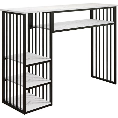 Tavolo alto con ripiani, 140x40x105 cm, piano in MDF effetto marmo, bianco e nero (1/5)