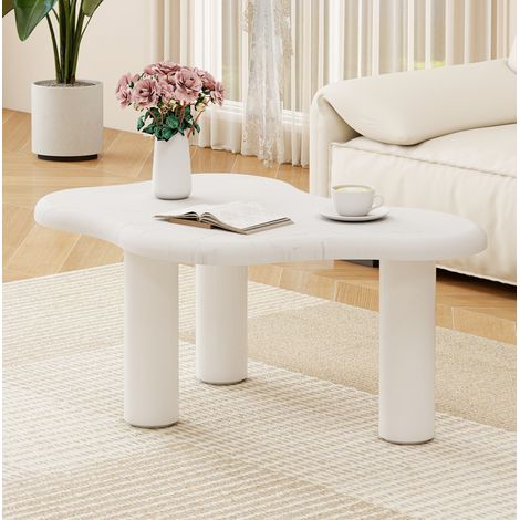 Mesa de centro de tablero de partículas blanco efecto mármol, forma nube, patas de madera maciza (1/5)